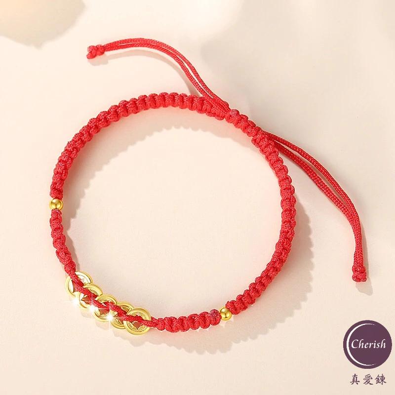 《真愛鍊Cherish 》手作S925通體純銀錢幣紅繩黑繩系列  配件都是S925通體純銀外鍍金  可以自己調整尺寸-細節圖4