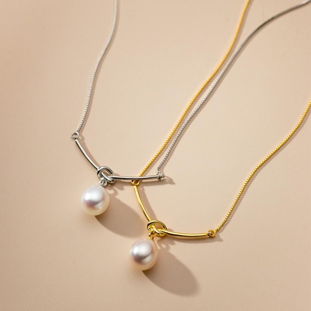 《真愛鍊Cherish 》天然珍珠S925通體純銀項鍊 水滴樣式天然淡水珠珍珠 結繩樣式時尚 水滴珍珠-細節圖2
