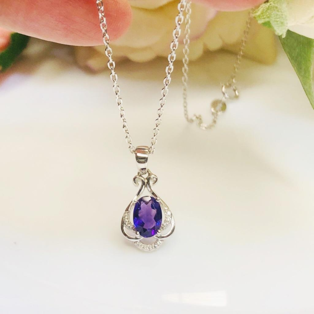 《真愛鍊Cherish 》天然紫水晶S925通體純銀項鍊 精緻微鑲珠寶 珠寶寶石 花式切割 珠寶項鍊-細節圖2