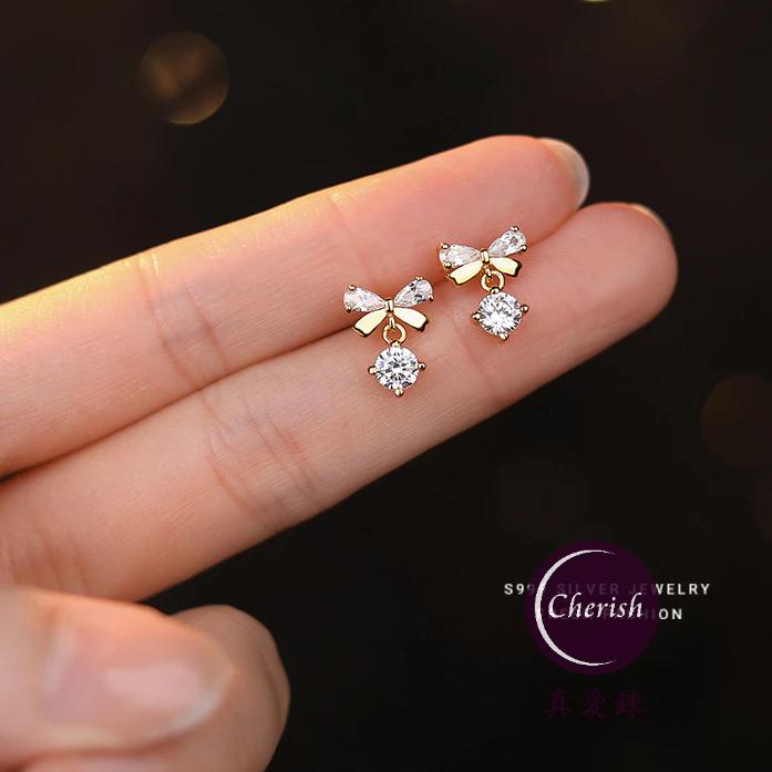 《真愛鍊Cherish 》S999通體足銀鋯石耳環 蝴蝶結搭配鋯石 通體純銀耳環 通體足銀貼耳耳環-細節圖3