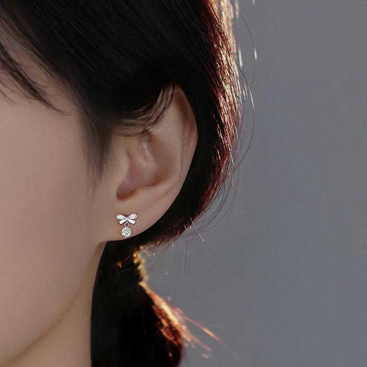 《真愛鍊Cherish 》S999通體足銀鋯石耳環 蝴蝶結搭配鋯石 通體純銀耳環 通體足銀貼耳耳環-細節圖5