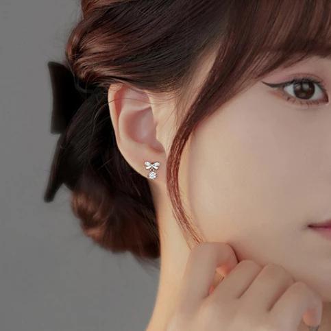 《真愛鍊Cherish 》S999通體足銀鋯石耳環 蝴蝶結搭配鋯石 通體純銀耳環 通體足銀貼耳耳環-細節圖6