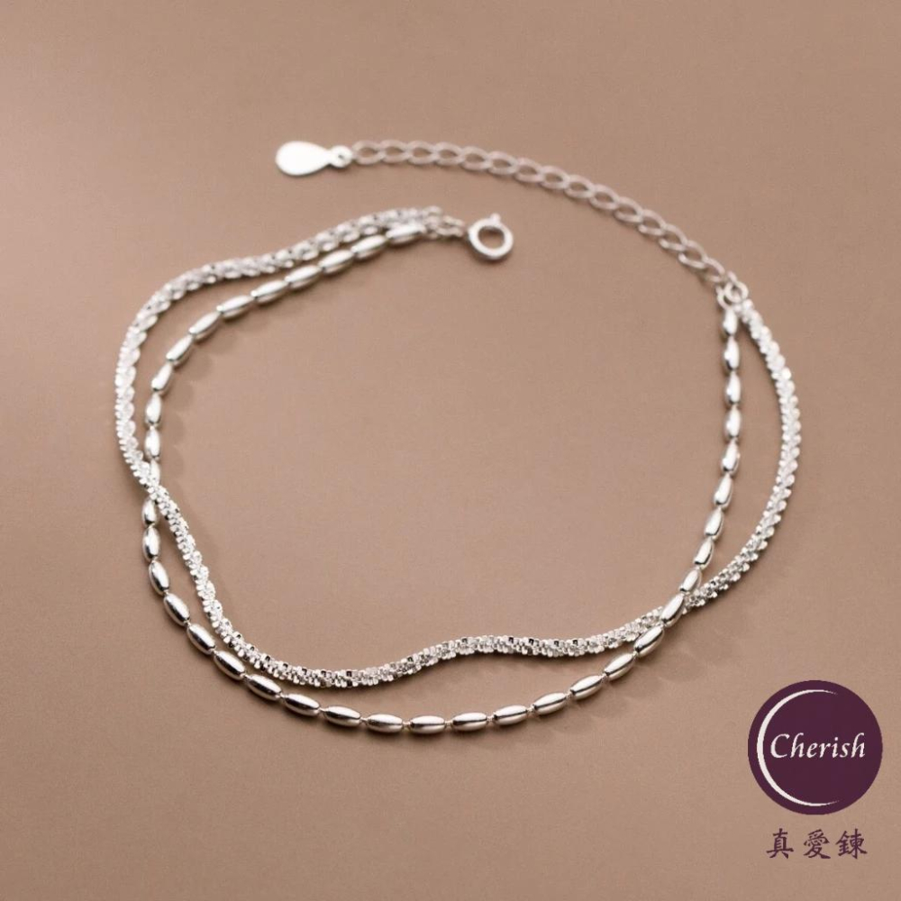 《真愛鍊Cherish 》S925通體純銀腳鍊腳鏈 滿天星搭配豆豆雙層造型 迷人的足踝光彩 銀樓銀飾-細節圖2