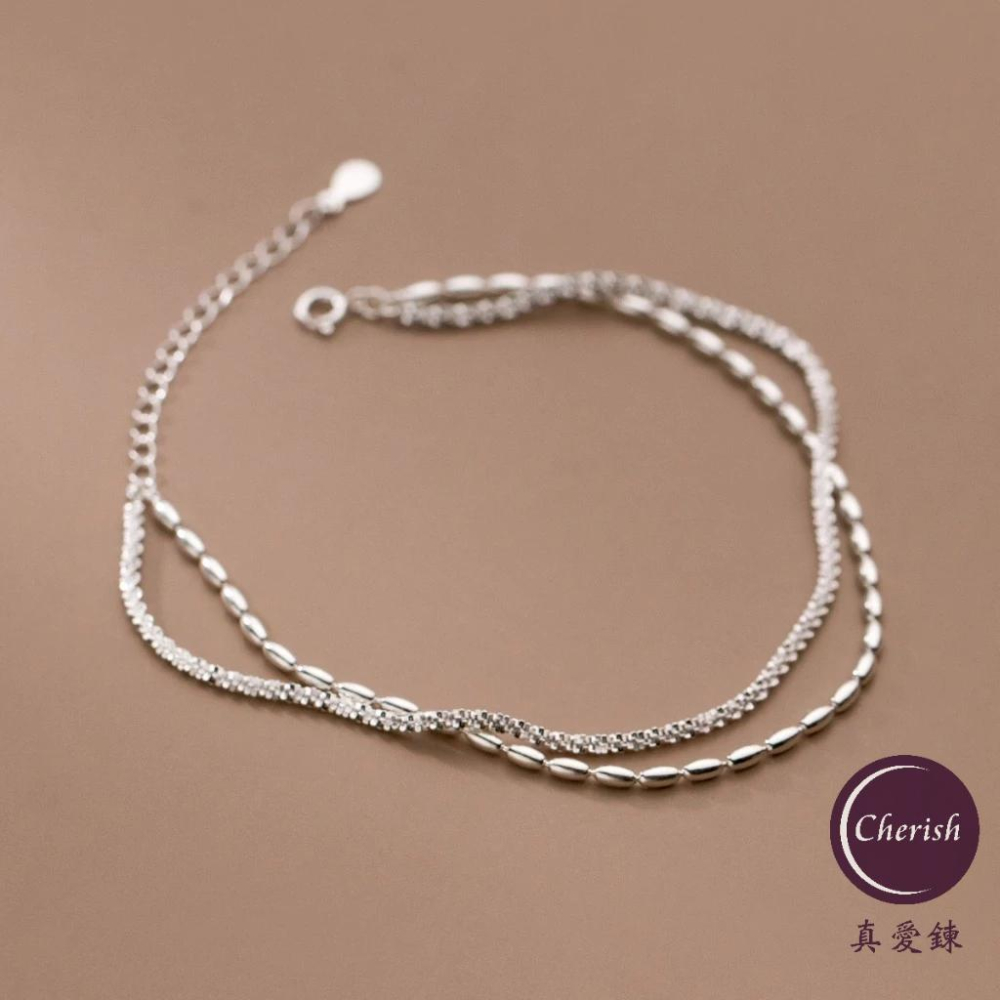 《真愛鍊Cherish 》S925通體純銀腳鍊腳鏈 滿天星搭配豆豆雙層造型 迷人的足踝光彩 銀樓銀飾-細節圖3