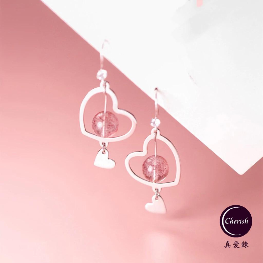 《真愛鍊Cherish 》S925通體純銀耳環 耳勾造型 天然草莓晶可愛的愛心樣式上下都是愛心喔 桃花 人緣-細節圖2