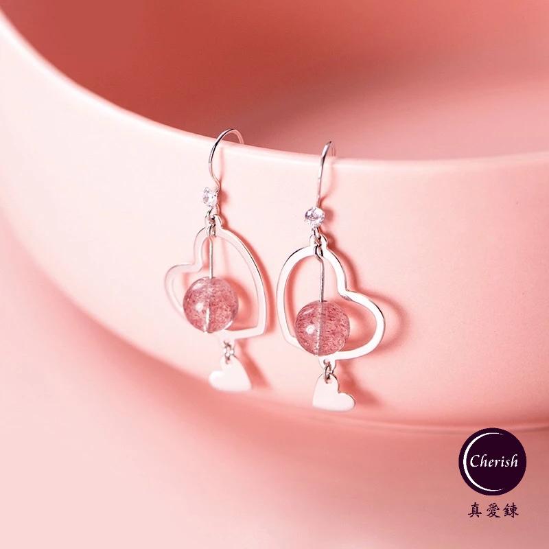 《真愛鍊Cherish 》S925通體純銀耳環 耳勾造型 天然草莓晶可愛的愛心樣式上下都是愛心喔 桃花 人緣-細節圖3