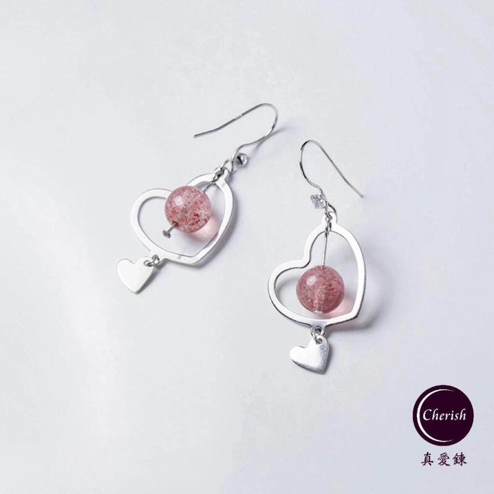 《真愛鍊Cherish 》S925通體純銀耳環 耳勾造型 天然草莓晶可愛的愛心樣式上下都是愛心喔 桃花 人緣-細節圖4