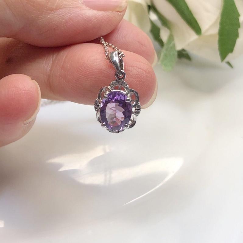 《真愛鍊Cherish 》天然紫水晶S925通體純銀項鍊 微鑲花朵設計 珠寶 有色寶石 天然寶石 天然紫水晶-細節圖2
