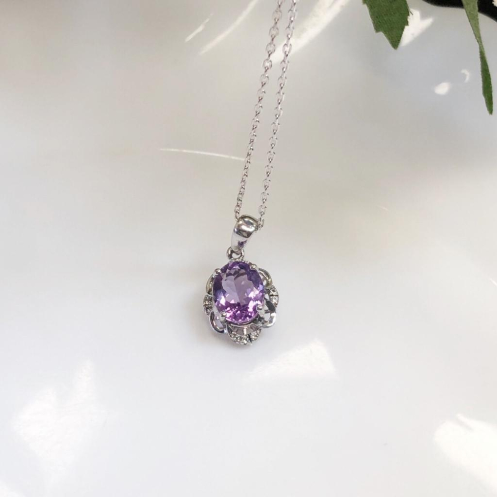 《真愛鍊Cherish 》天然紫水晶S925通體純銀項鍊 微鑲花朵設計 珠寶 有色寶石 天然寶石 天然紫水晶-細節圖5