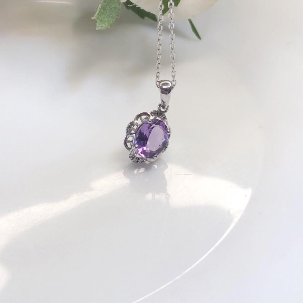 《真愛鍊Cherish 》天然紫水晶S925通體純銀項鍊 微鑲花朵設計 珠寶 有色寶石 天然寶石 天然紫水晶-細節圖6