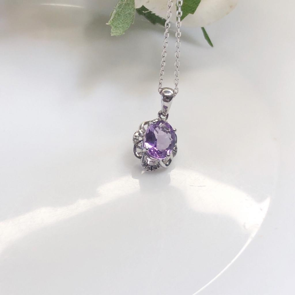 《真愛鍊Cherish 》天然紫水晶S925通體純銀項鍊 微鑲花朵設計 珠寶 有色寶石 天然寶石 天然紫水晶-細節圖7
