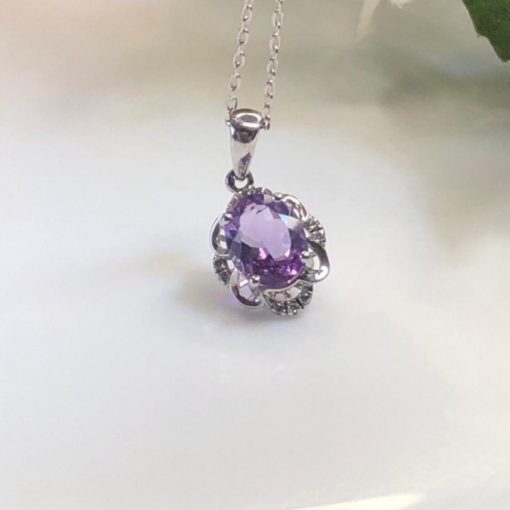 《真愛鍊Cherish 》天然紫水晶S925通體純銀項鍊 微鑲花朵設計 珠寶 有色寶石 天然寶石 天然紫水晶-細節圖8