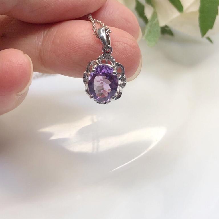《真愛鍊Cherish 》天然紫水晶S925通體純銀項鍊 微鑲花朵設計 珠寶 有色寶石 天然寶石 天然紫水晶-細節圖9