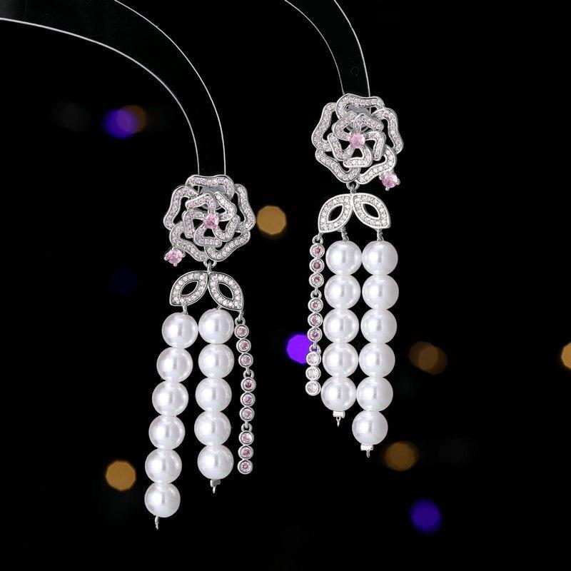 《真愛鍊Cherish》微鑲精工山茶花銀針造型耳環 流蘇搭配貝珠輕奢大器造型 高級閃亮鋯石鑲嵌 耳針S925銀針-細節圖2