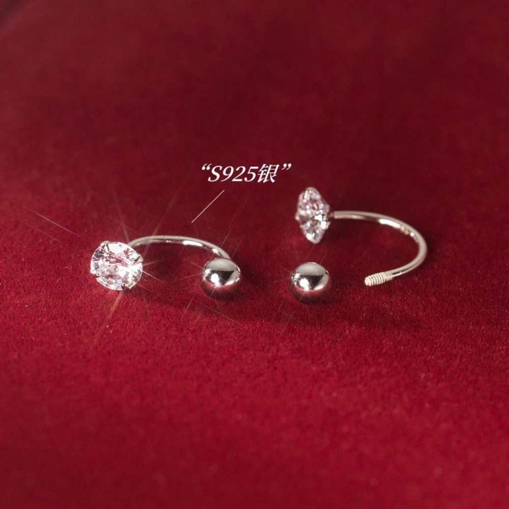 《真愛鍊Cherish 》S925通體純銀轉珠鎖珠耳環 單顆閃亮鋯石螺絲螺紋耳環 銀樓銀飾-細節圖6