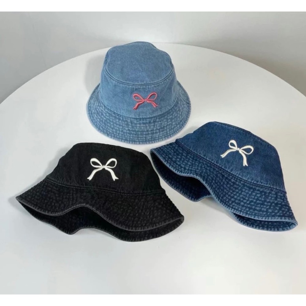 預購👉 韓國春夏新款牛仔刺繡蝴蝶結漁夫帽-細節圖2