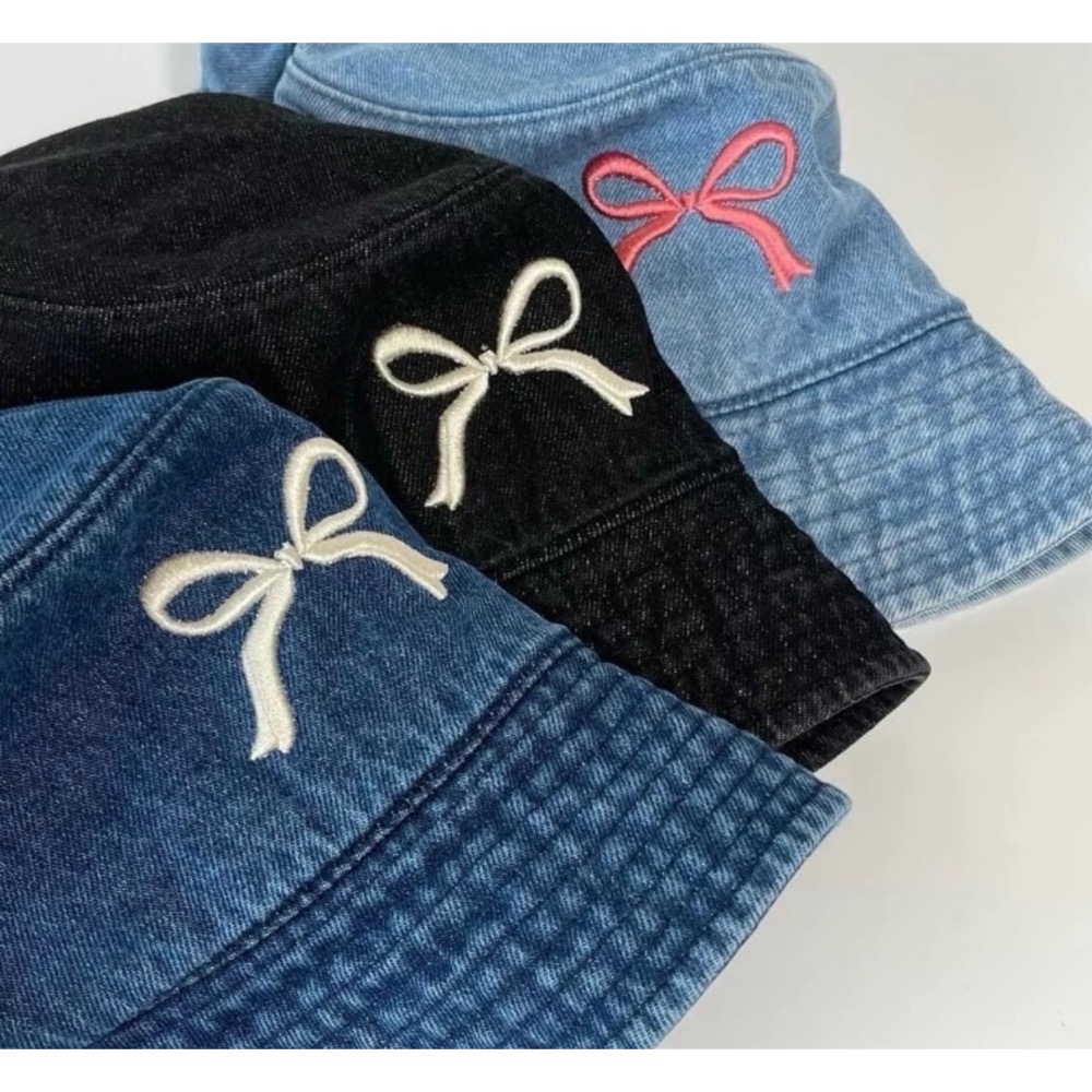 預購👉 韓國春夏新款牛仔刺繡蝴蝶結漁夫帽-細節圖5