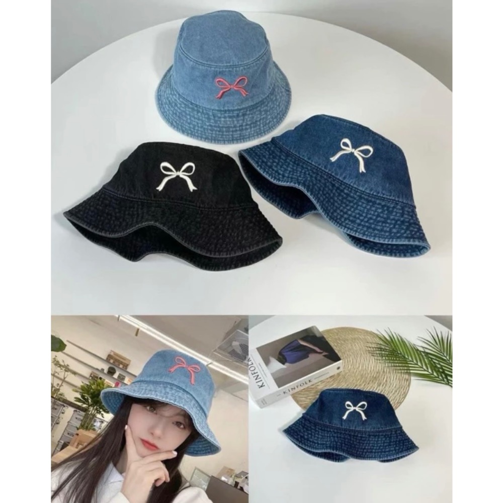 預購👉 韓國春夏新款牛仔刺繡蝴蝶結漁夫帽-細節圖8