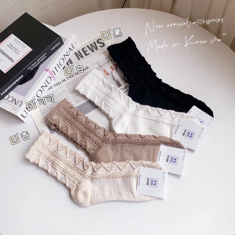 ❥秋冬簡約浮雕菱格花邊中統襪-細節圖2