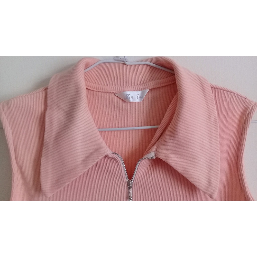 無袖純棉桃色拉鍊有領背心-細節圖3