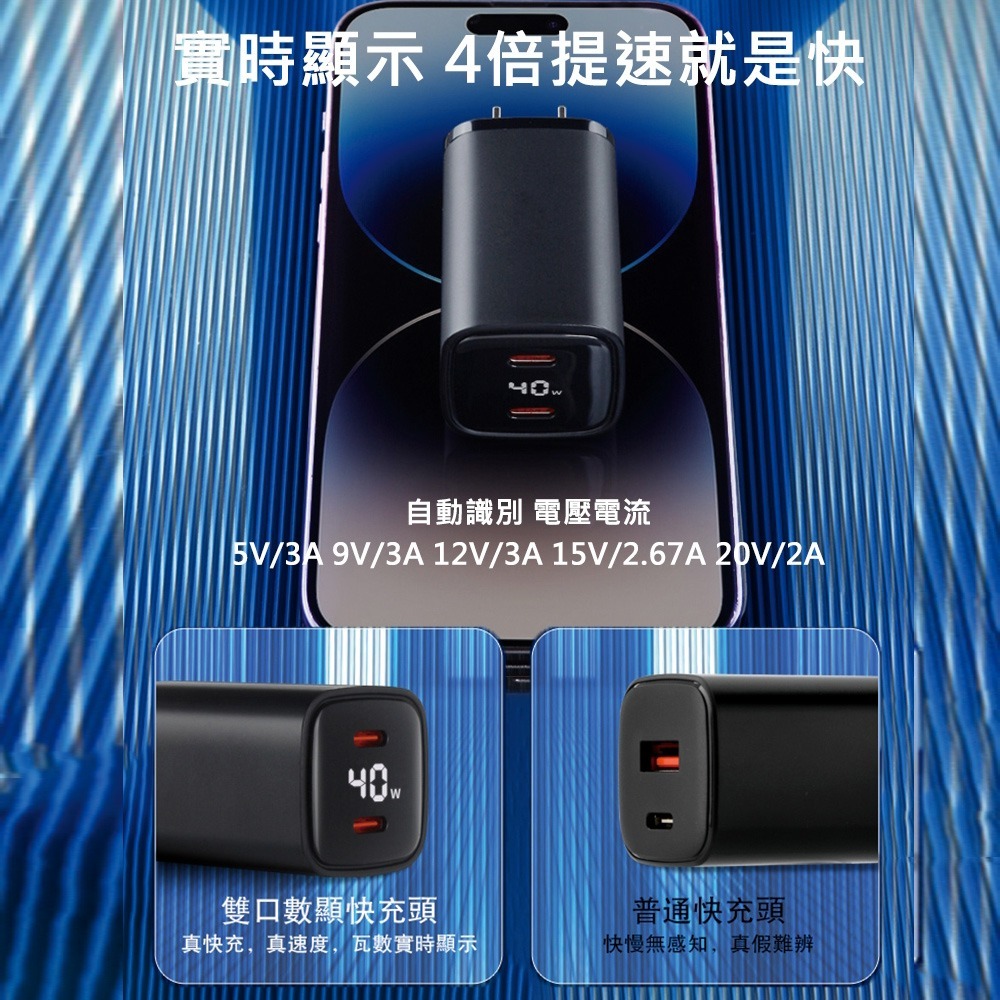 40W雙孔快充數顯充電器 氮化鎵 GaN 雙孔Type-C 40W充電頭 雙孔PD快充頭 PD手機充電器-細節圖4