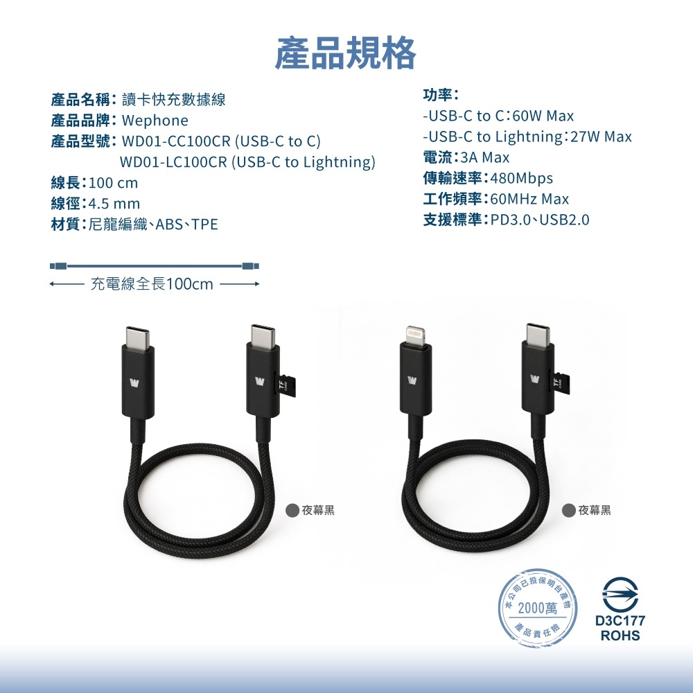 讀卡快充數據線 充電線 讀卡傳輸 快充線 傳輸線 Wephone 讀卡快充數據線 編織線 1M-細節圖10