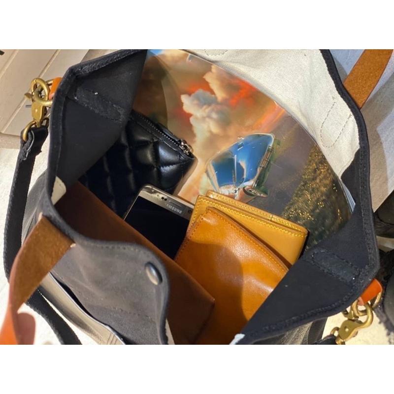 韓國🇰🇷空運～💜韓國真皮手提斜背包～♥️2story植鞣牛皮帆布包‼️～手提包～斜背包～帆布配牛皮-細節圖3