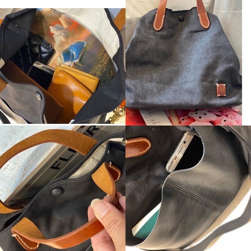 韓國🇰🇷空運～💜韓國真皮手提斜背包～♥️2story植鞣牛皮帆布包‼️～手提包～斜背包～帆布配牛皮-細節圖4