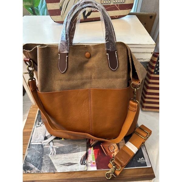 韓國🇰🇷空運～💜韓國真皮手提斜背包～♥️2story植鞣牛皮帆布包‼️～手提包～斜背包～帆布配牛皮-細節圖5