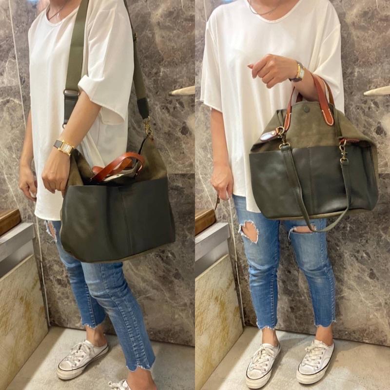 韓國🇰🇷空運～💜韓國真皮手提斜背包～♥️2story植鞣牛皮帆布包‼️～手提包～斜背包～帆布配牛皮-細節圖6