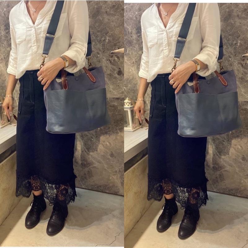 韓國🇰🇷空運～💜韓國真皮手提斜背包～♥️2story植鞣牛皮帆布包‼️～手提包～斜背包～帆布配牛皮-細節圖8