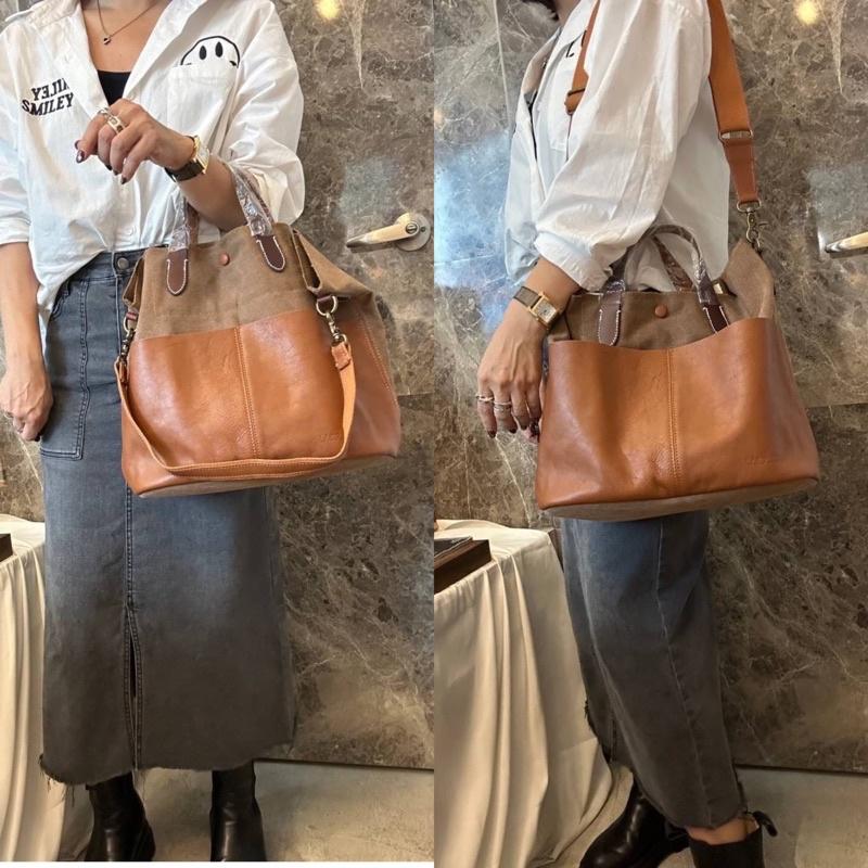 韓國🇰🇷空運～💜韓國真皮手提斜背包～♥️2story植鞣牛皮帆布包‼️～手提包～斜背包～帆布配牛皮-細節圖9