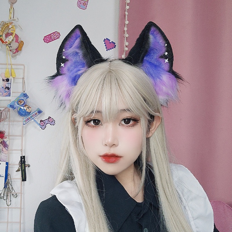 【魔都動漫】手工毛絨頭飾狼耳朵髪箍漫展星空暗黑二次元cos頭箍仿真獸耳髪飾 髮箍-細節圖5