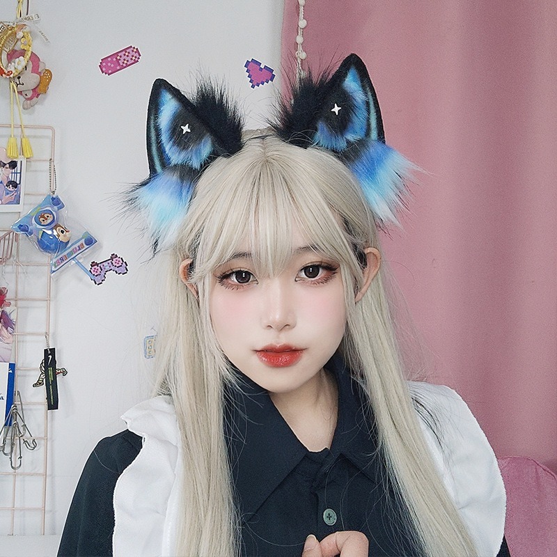 【魔都動漫】仿真毛絨貓咪耳朵頭飾配飾星空哥特暗黑獸耳發飾漫展cos貓耳髮箍星空貓耳-細節圖7