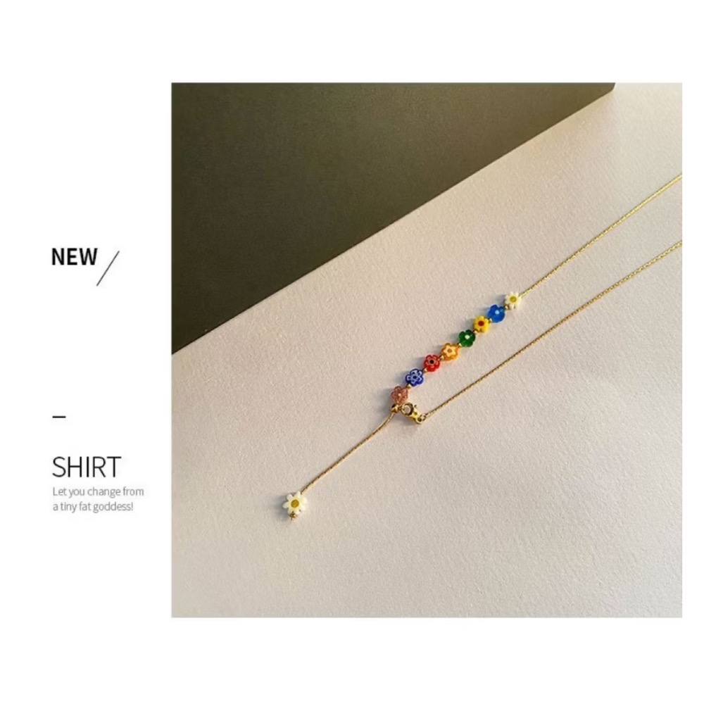 新開幕🔥現貨✨韓系繽紛彩色琉璃小花鈦鋼項鍊｜316L醫療鋼｜抽拉項鍊｜不褪色防過敏｜可戴洗澡｜花朵項鍊-細節圖5