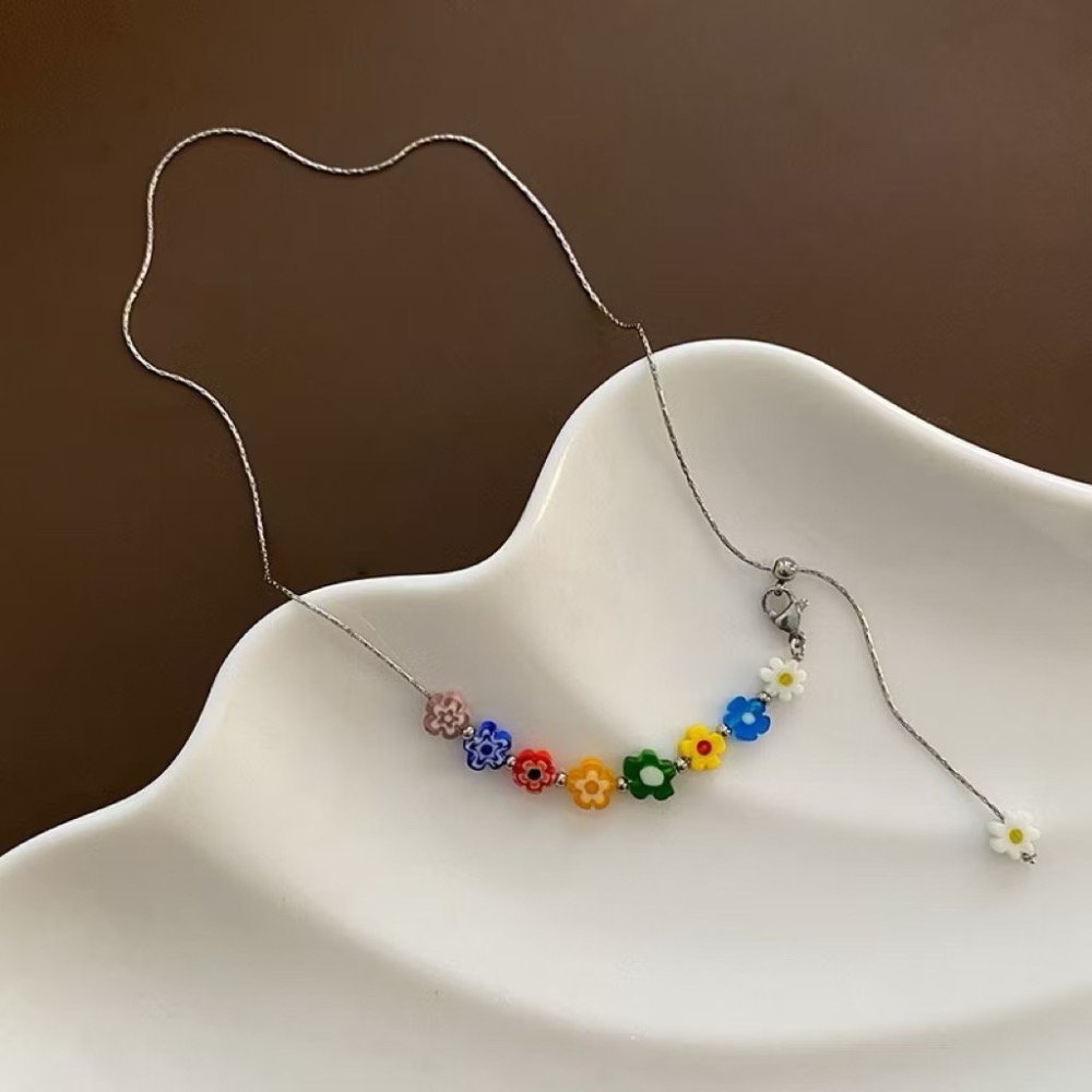 新開幕🔥現貨✨韓系繽紛彩色琉璃小花鈦鋼項鍊｜316L醫療鋼｜抽拉項鍊｜不褪色防過敏｜可戴洗澡｜花朵項鍊-細節圖7