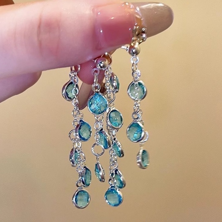 新開幕🔥現貨售出✨韓國超閃藍水晶流蘇耳環｜s925銀針耳環｜長款耳環｜垂墜耳環｜搭配洋裝禮服 約會必備-細節圖2