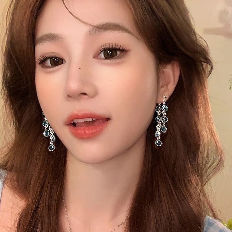 新開幕🔥現貨售出✨韓國超閃藍水晶流蘇耳環｜s925銀針耳環｜長款耳環｜垂墜耳環｜搭配洋裝禮服 約會必備-細節圖5