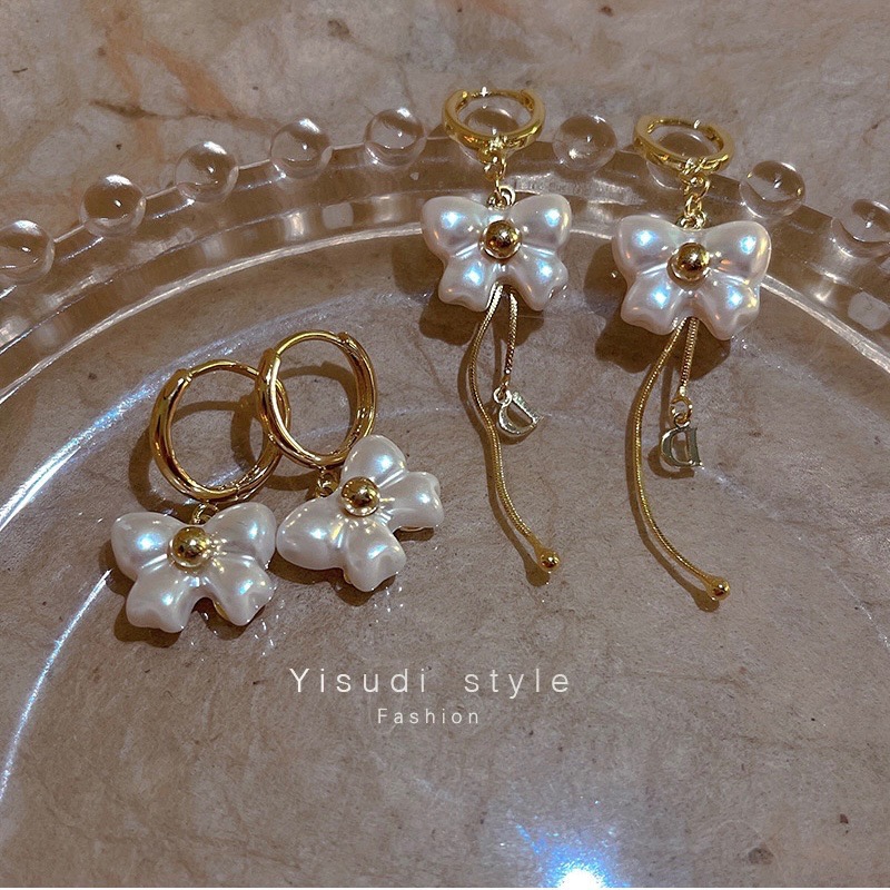 新開幕🔥現貨✨華麗感甜美立體珍珠感蝴蝶結耳環｜耳扣｜抗過敏｜高保色-細節圖2