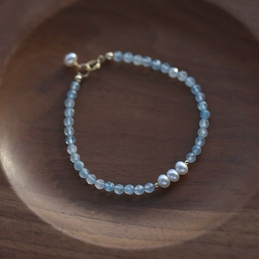 新開幕🔥現貨✨海藍寶淡水珍珠手鍊｜天然水晶手鍊 女｜招貴人提升自信｜輕奢氣質手串設計-細節圖2