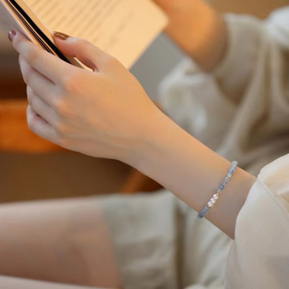 新開幕🔥現貨✨海藍寶淡水珍珠手鍊｜天然水晶手鍊 女｜招貴人提升自信｜輕奢氣質手串設計-細節圖4
