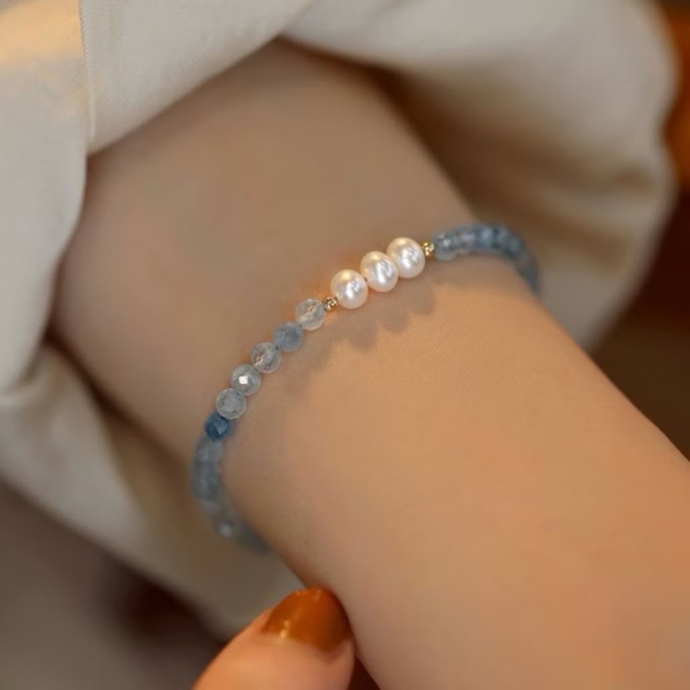 新開幕🔥現貨✨海藍寶淡水珍珠手鍊｜天然水晶手鍊 女｜招貴人提升自信｜輕奢氣質手串設計-細節圖7