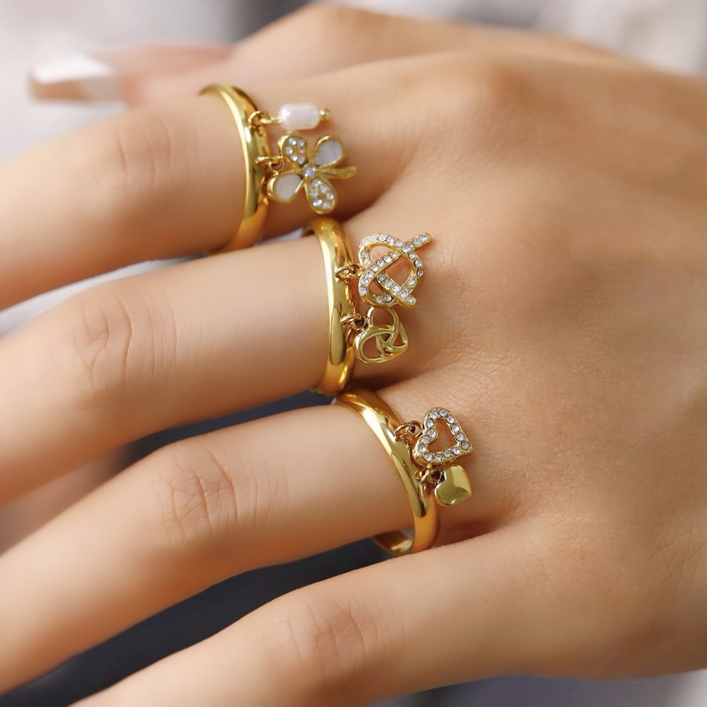 新開幕🔥現貨✨多款垂墜鑲鑽流蘇戒指｜316L醫療鋼｜開口可調｜花朵・珍珠・愛心設計｜氣質百搭指環-細節圖5