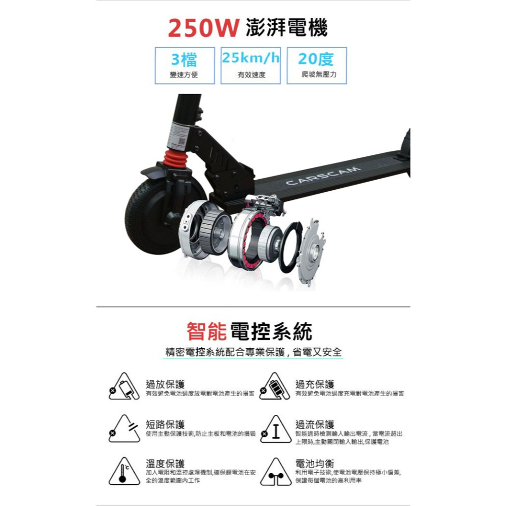 CARSCAM 6.5吋 智能折疊電動滑板車【現貨 免運】LED大燈 鋁合金滑板車 折疊式 電動滑板車 電動車 滑板車-細節圖9