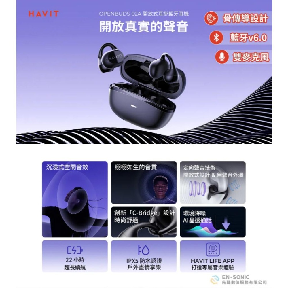 Havit 海威特 OWS916 頭部追蹤耳夾開放式藍牙耳機【現貨】開放式 骨傳導 防水 降噪 雙麥克風 運動耳機-細節圖3