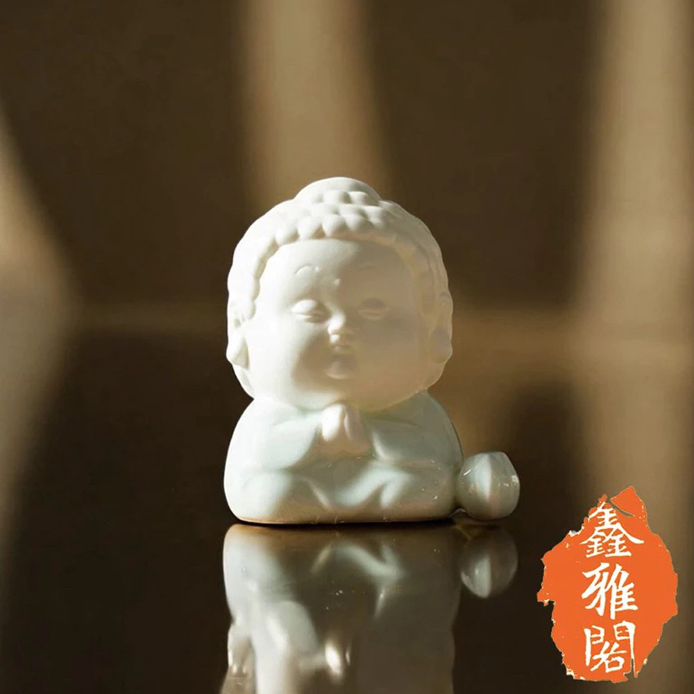 開運手工青釉青衣小如來佛線香座＋黑色陶盤-細節圖2