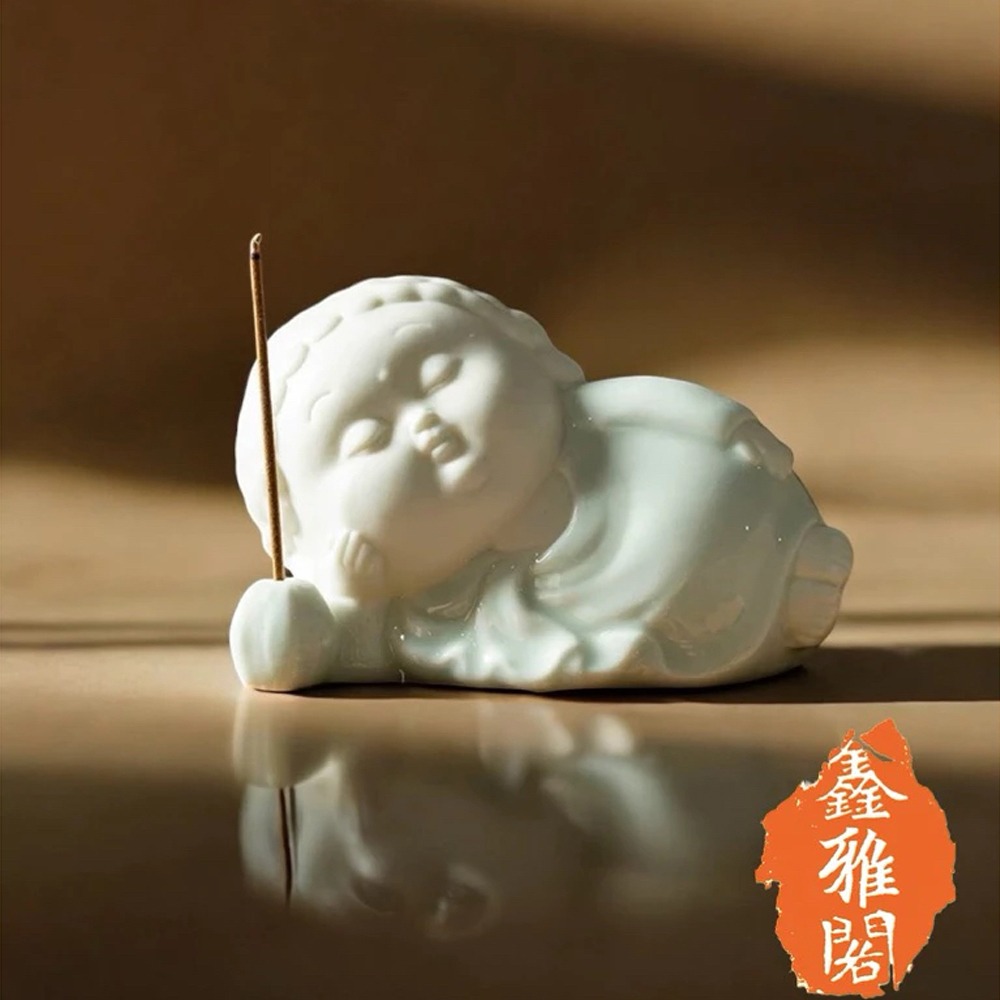開運手工青釉青衣小如來佛線香座＋黑色陶盤-細節圖3