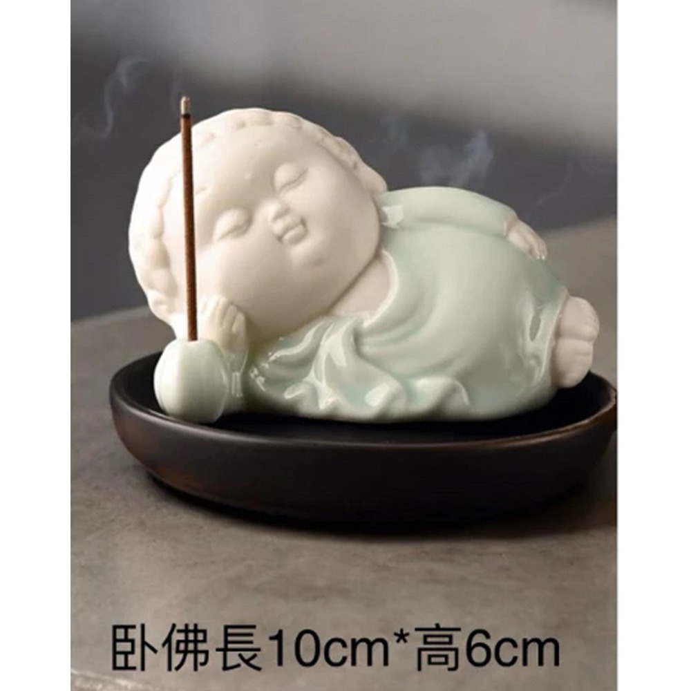 開運手工青釉青衣小如來佛線香座＋黑色陶盤-規格圖3