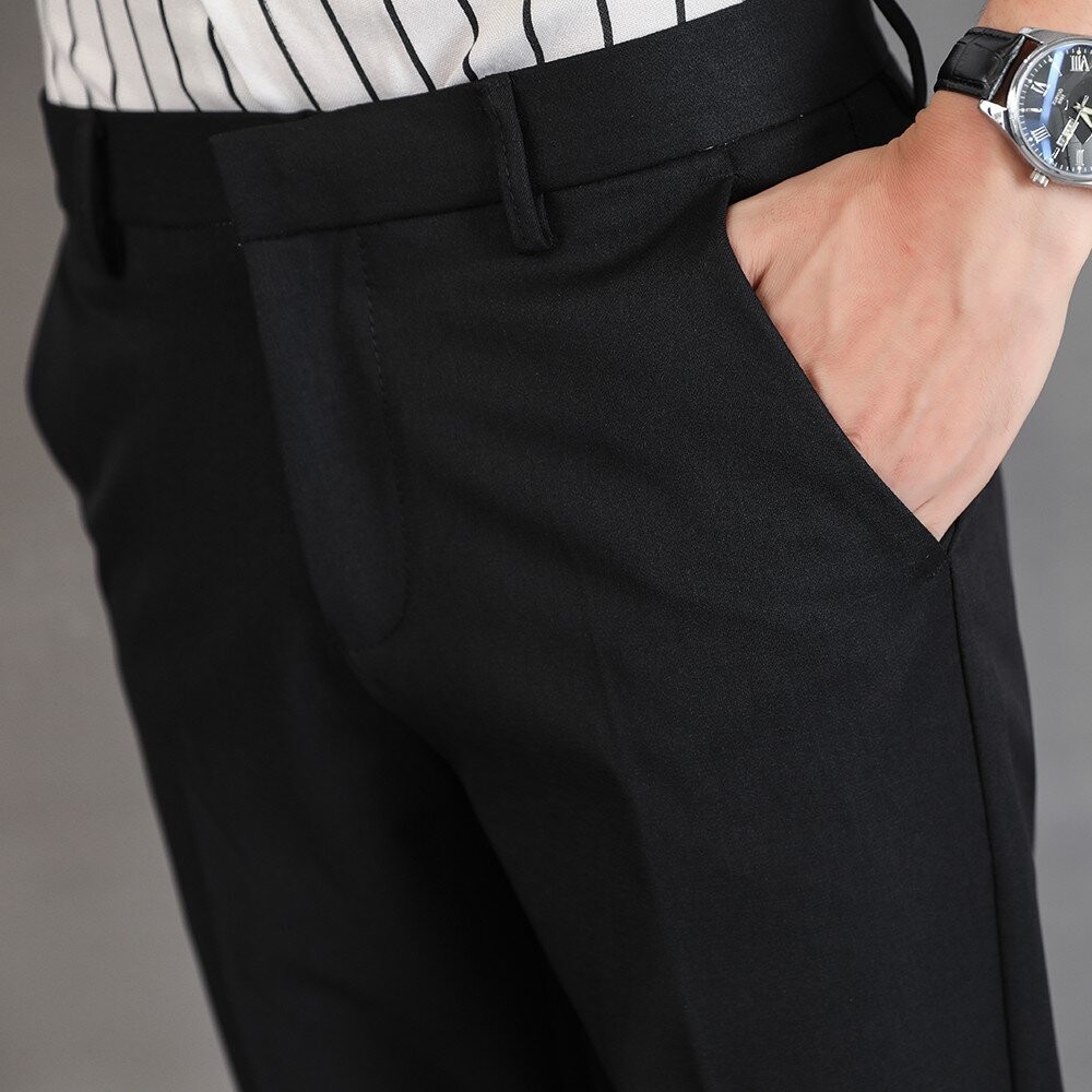 男士休閒修身西裝褲-長褲 黑色 微彈性 微正式 極簡 韓版 文青風-細節圖2