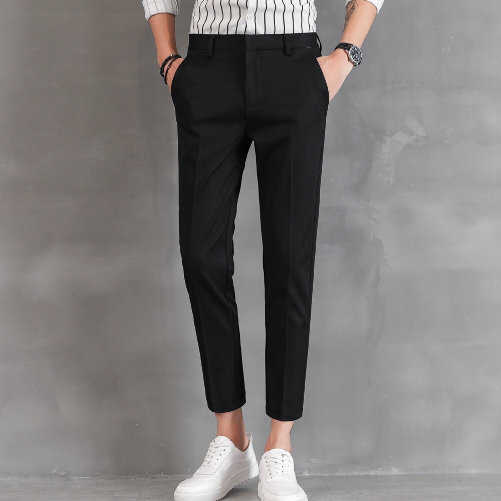 男士休閒修身西裝褲-長褲 黑色 微彈性 微正式 極簡 韓版 文青風-規格圖3